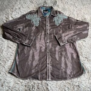 Roar Button Up Shirt Mens XXL Embroidered Gray Bleached Long Sleeve